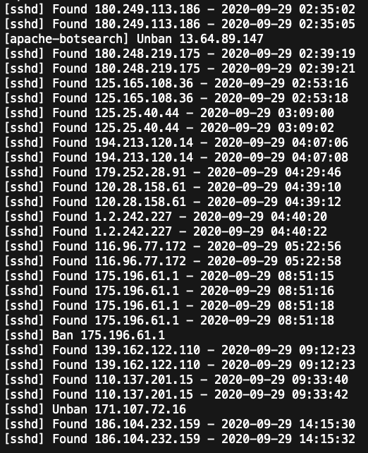 fail 2 ban log showing decreased malicious behavior after preemptive banning has been implemented