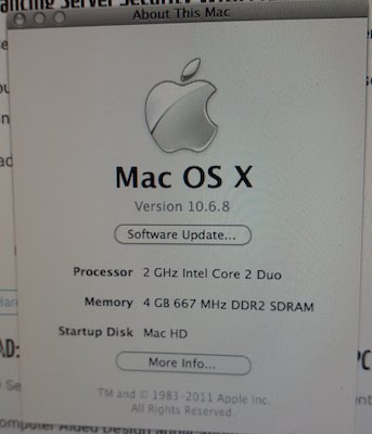 About This Mac screenshot - Mac OS X 10.6.8 Snow Leopard, processor: 2 gigahertz intel core 2 duo 4 gigabytes 667 megahertz DDR2 sdram