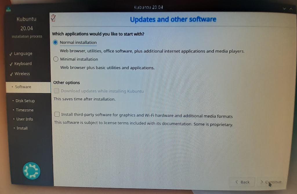 screenshot of window asking for selection, either normal selection or minimal install with short lists of extra apps that will be installed.