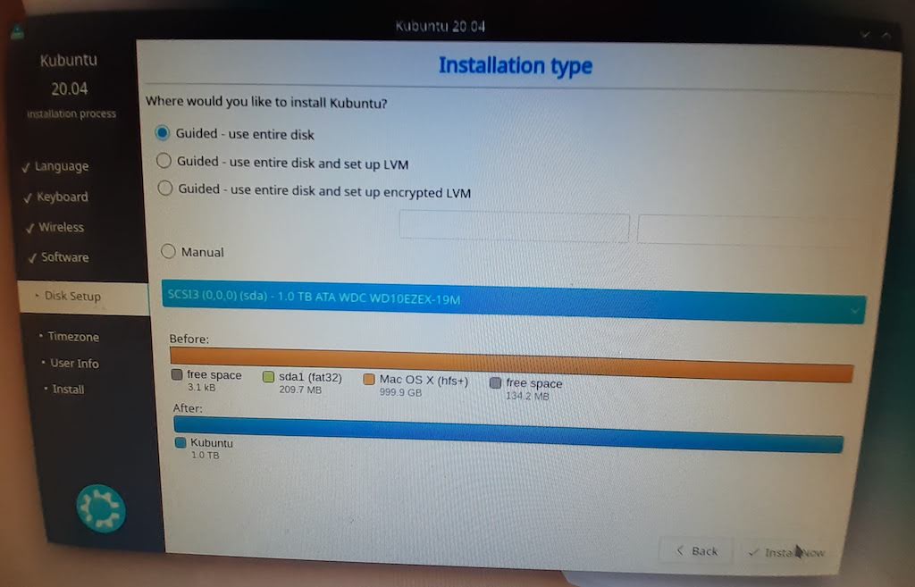 Screenshot of window with selections asking where would you like to install kubuntu, guided - user entire disk, guided - use entire disk and set up lvm, guided - use entire disk and set up encrypted Logical volume