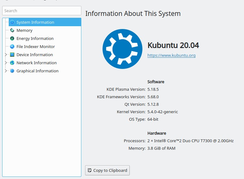 Information about this system window. Plasma version 5.18.5 hardware 2 times intel core 2 duo cpu t 7300 at 2 gigahertz 3.8 Gigabytes of ram